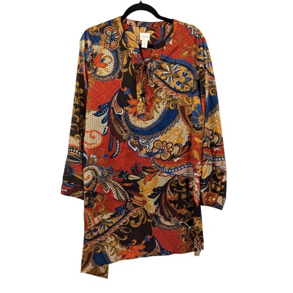 Chicos Paisley Tunic Top Size L Lace Up Long Sleeve Asymmetrical Hem Boho Indie - Picture 1 of 12